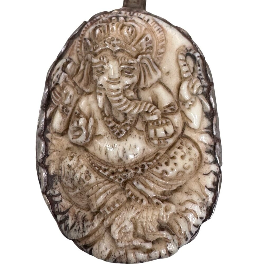 Vintage Carved Ganesha Sterling Silver Pendant Encased Statement 2" Spiritual